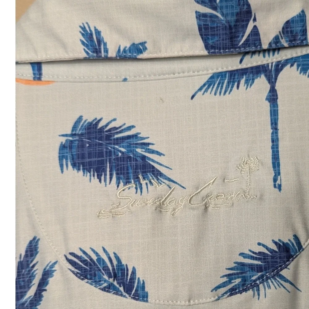 Sunday Crew Polo Shirt Mens XL White Blue Tropical Palm Bird of Paradise UPF 50+